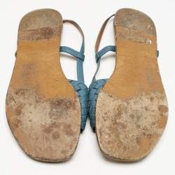 Pre Owned Bottega Veneta Blue Intrecciato Leather Slingback Open Toe Flat Sandals Size 39.5