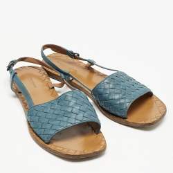 Pre Owned Bottega Veneta Blue Intrecciato Leather Slingback Open Toe Flat Sandals Size 39.5