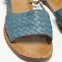 Pre Owned Bottega Veneta Blue Intrecciato Leather Slingback Open Toe Flat Sandals Size 39.5