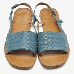 Pre Owned Bottega Veneta Blue Intrecciato Leather Slingback Open Toe Flat Sandals Size 39.5