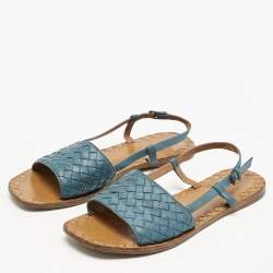 Pre Owned Bottega Veneta Blue Intrecciato Leather Slingback Open Toe Flat Sandals Size 39.5