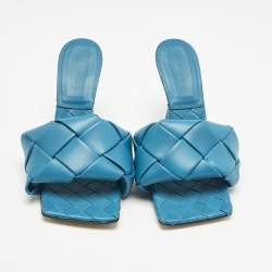Bottega Veneta Blue Intrecciato Leather Lido Slide Sandals Size 37