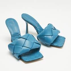Bottega Veneta Blue Intrecciato Leather Lido Slide Sandals Size 37