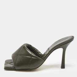 Bottega Veneta Olive Green Leather Lido Slide Sandals Size 38