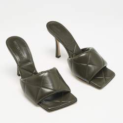 Bottega Veneta Olive Green Leather Lido Slide Sandals Size 38