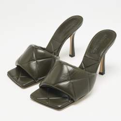 Bottega Veneta Olive Green Leather Lido Slide Sandals Size 38