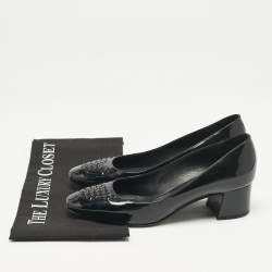 Bottega Veneta Black Intrecciato Patent Leather Block Heel Pumps Size 36.5