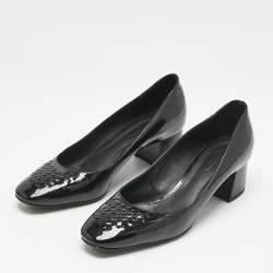 Bottega Veneta Black Intrecciato Patent Leather Block Heel Pumps Size 36.5