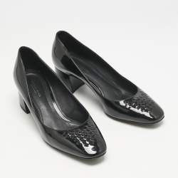 Bottega Veneta Black Intrecciato Patent Leather Block Heel Pumps Size 36.5
