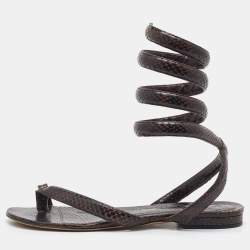 Bottega Veneta Dark Brown Python Embossed Leather BV Spiral Ankle Wrap Flats Size 40
