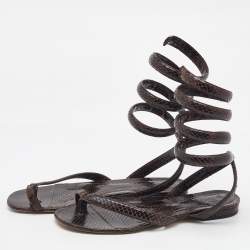 Bottega Veneta Dark Brown Python Embossed Leather BV Spiral Ankle Wrap Flats Size 40