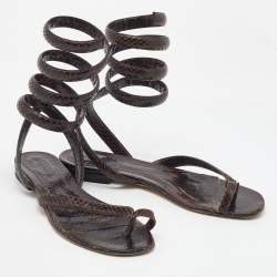 Bottega Veneta Dark Brown Python Embossed Leather BV Spiral Ankle Wrap Flats Size 40