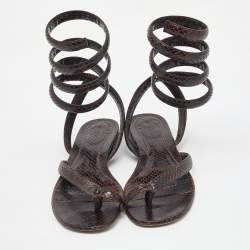 Bottega Veneta Dark Brown Python Embossed Leather BV Spiral Ankle Wrap Flats Size 40