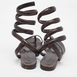 Bottega Veneta Dark Brown Python Embossed Leather BV Spiral Ankle Wrap Flats Size 40