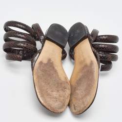 Bottega Veneta Dark Brown Python Embossed Leather BV Spiral Ankle Wrap Flats Size 40