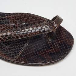 Bottega Veneta Dark Brown Python Embossed Leather BV Spiral Ankle Wrap Flats Size 40