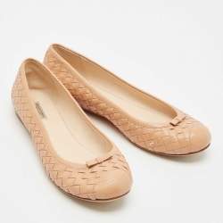 Pre Owned Bottega Veneta Beige Intrecciato Leather Ballet Flats Size 39.5