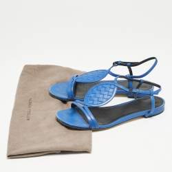 Bottega Veneta Blue Leather Ankle Strap Flat Sandals Size 39