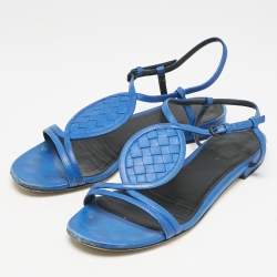 Bottega Veneta Blue Leather Ankle Strap Flat Sandals Size 39