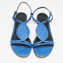 Bottega Veneta Blue Leather Ankle Strap Flat Sandals Size 39