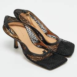 Bottega Veneta Black Leather and Mesh Stretch Ankle Strap Pumps Size 38