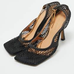 Bottega Veneta Black Leather and Mesh Stretch Ankle Strap Pumps Size 38