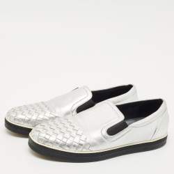 Bottega Veneta Silver Intrecciato Leather Dodger Slip On Sneakers Size 40
