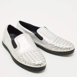 Bottega Veneta Silver Intrecciato Leather Dodger Slip On Sneakers Size 40