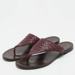 Pre Owned Bottega Veneta Dark Purple Intrecciato Leather Flat Thong Sandals Size 40