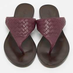 Pre Owned Bottega Veneta Dark Purple Intrecciato Leather Flat Thong Sandals Size 40