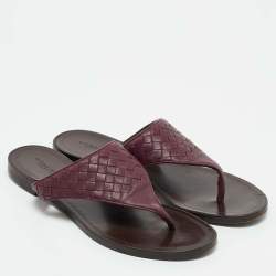 Pre Owned Bottega Veneta Dark Purple Intrecciato Leather Flat Thong Sandals Size 40