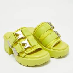 Pre Owned Bottega Veneta Neon Yellow Nylon and Leather Flash Platform Slide Sandals Size 39