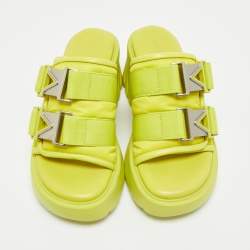 Pre Owned Bottega Veneta Neon Yellow Nylon and Leather Flash Platform Slide Sandals Size 39