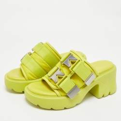 Pre Owned Bottega Veneta Neon Yellow Nylon and Leather Flash Platform Slide Sandals Size 39
