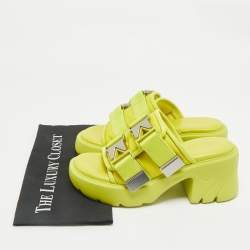 Pre Owned Bottega Veneta Neon Yellow Nylon and Leather Flash Platform Slide Sandals Size 39