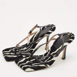 Pre Owned Bottega Veneta Black Leather and Fur Stretch Ankle Strap Sandals Size 37