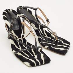 Pre Owned Bottega Veneta Black Leather and Fur Stretch Ankle Strap Sandals Size 37