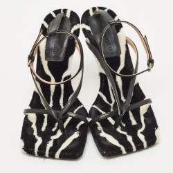 Pre Owned Bottega Veneta Black Leather and Fur Stretch Ankle Strap Sandals Size 37