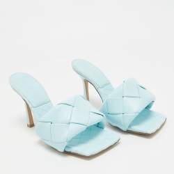 Pre Owned Bottega Veneta Blue Woven Leather Lido Slides Size 37