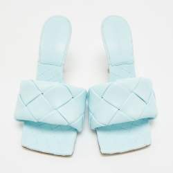 Pre Owned Bottega Veneta Blue Woven Leather Lido Slides Size 37