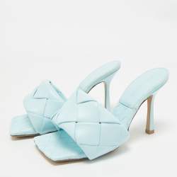 Pre Owned Bottega Veneta Blue Woven Leather Lido Slides Size 37