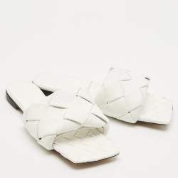 Pre Owned Bottega Veneta White Intrecciato Leather Lido Flat Slides Size 39