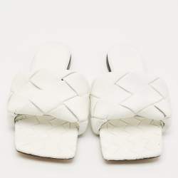 Pre Owned Bottega Veneta White Intrecciato Leather Lido Flat Slides Size 39