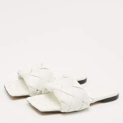 Pre Owned Bottega Veneta White Intrecciato Leather Lido Flat Slides Size 39