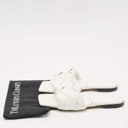 Pre Owned Bottega Veneta White Intrecciato Leather Lido Flat Slides Size 39