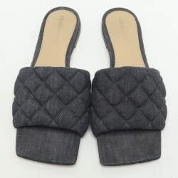 Bottega Veneta Navy Blue Quilted Denim Padded Slide Flats Size 38