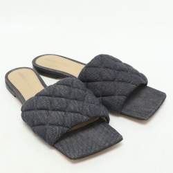 Bottega Veneta Navy Blue Quilted Denim Padded Slide Flats Size 38