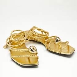 Bottega Veneta Gold Leather Ankle Wrap Flat Sandals Size 41