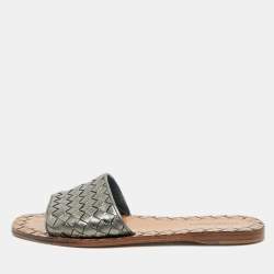 Bottega Veneta Metallic Grey Intrecciato Leather Flat Slide Sandals Size 36