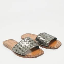 Bottega Veneta Metallic Grey Intrecciato Leather Flat Slide Sandals Size 36